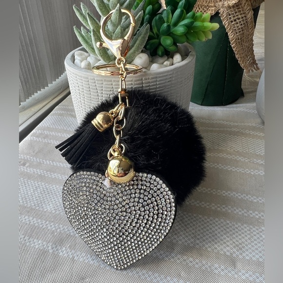 Accessories - Black Pom Pom Heart rhinestone bag charm/keychain